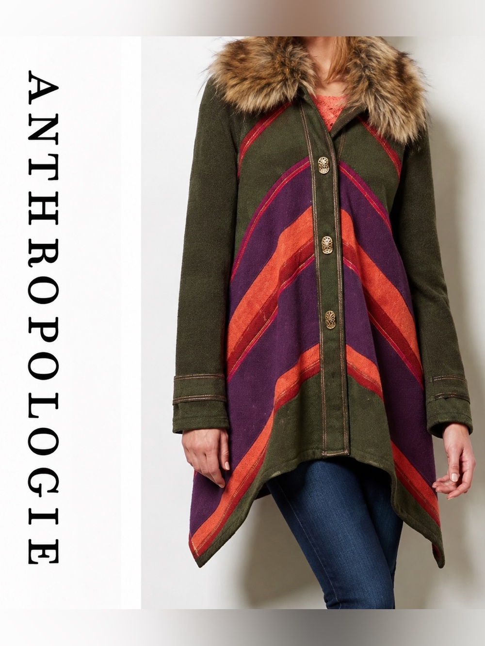 Anthropologie Cartonnier Chevron faux fur collar jacket